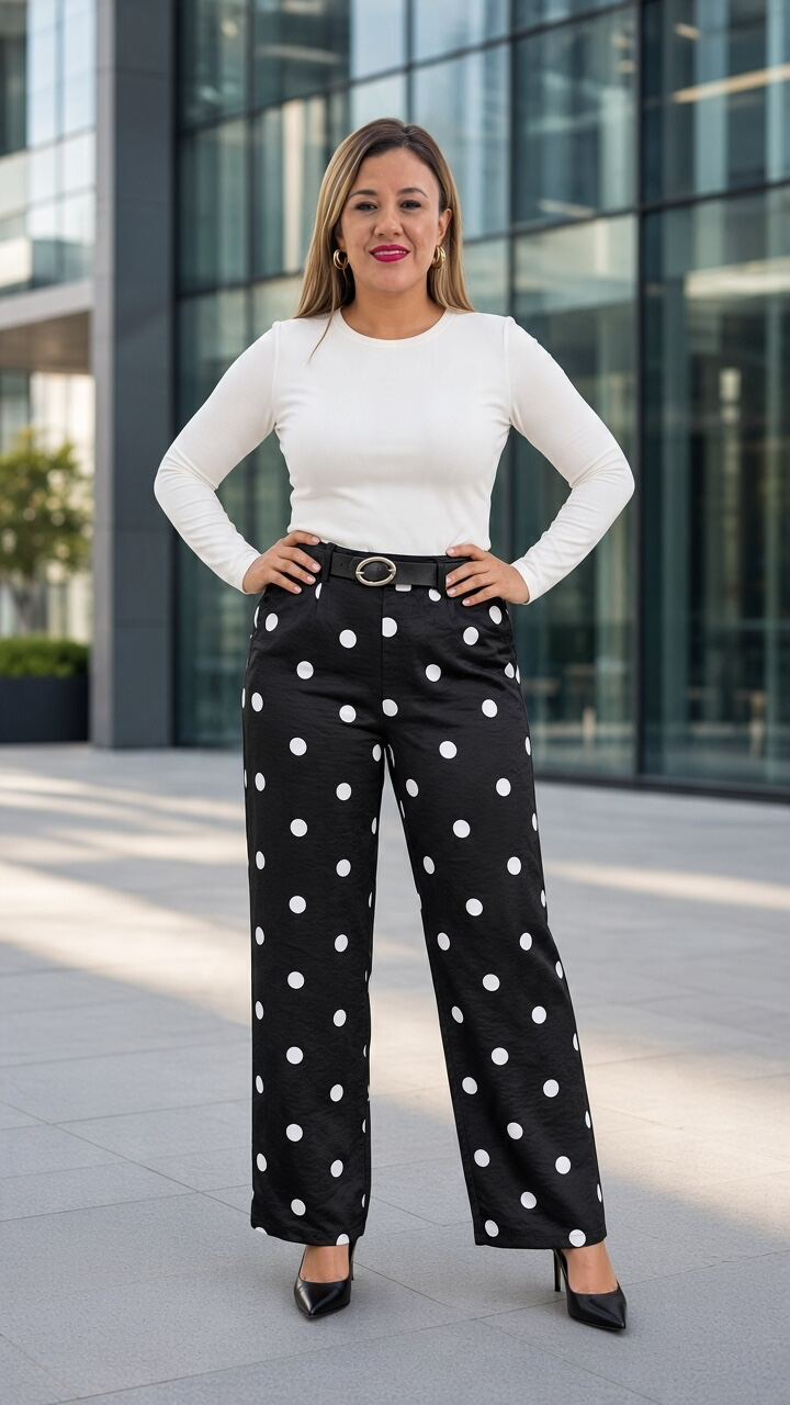 Pantalón Casual Negro Estampado Polka Dots, Con Cinto